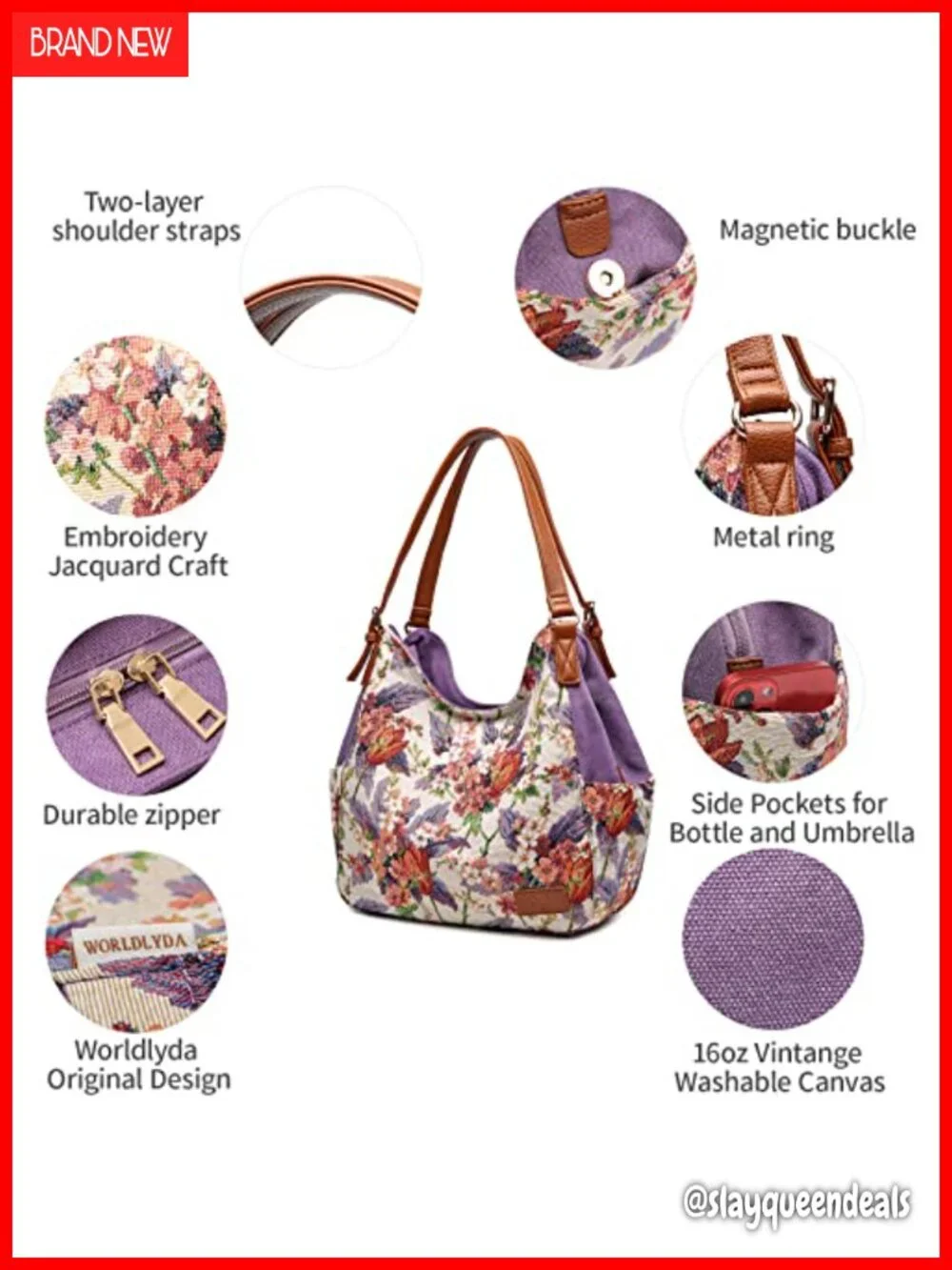 Canvas Hobo Purse Multi Pocket Tote Shopper Shoulder Bag with Embroidery Ethnic